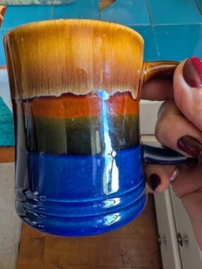 Jilsen Quality Boots tan, orange, green, blue striped ceramic mug